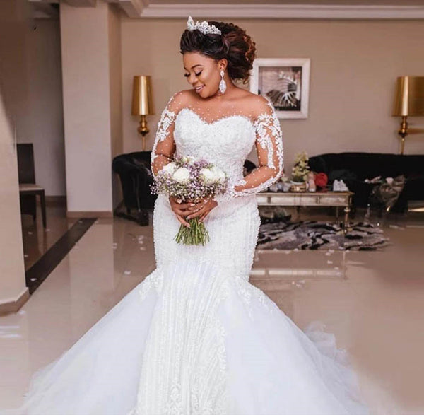 Vestido de Novia Sirena Lujo con Cuentas Africanas y Manga Larga
