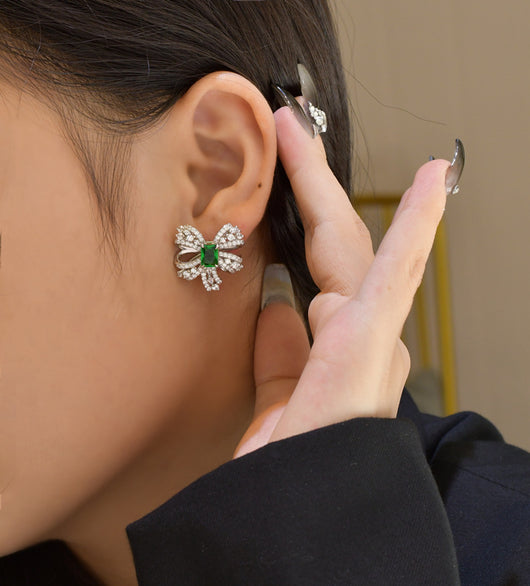 Aretes de Plata Esterlina con Esmeralda Verde en Forma de Moño - Image 21