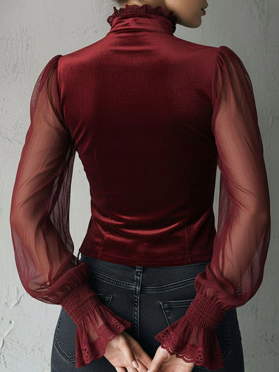 Blusa Negra de Encaje con Paneles de Malla y Detalles Florales Calados - Image 9