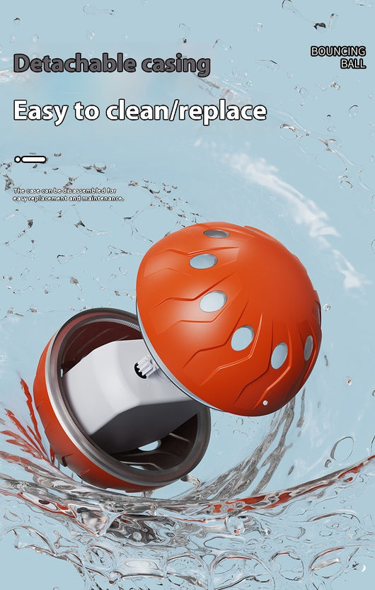 Orange-red automatic pet toy ball with a textured surface and a power button, designed for dogs. - Image 20