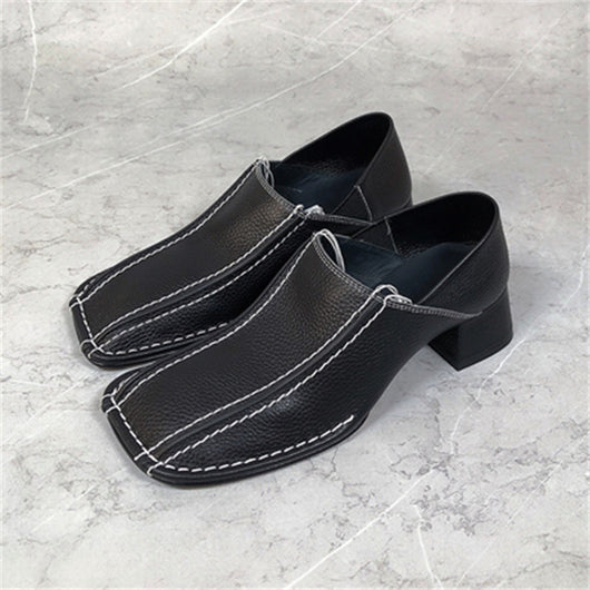 Zapato Retro Cuadrado Mujer Cuero Genuino Tacón Medio Grueso - Image 5