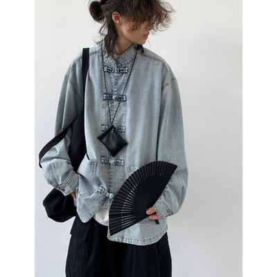 Camisa Denim Unisex con Cuello Parado y Botones Rana Retro - Image 3