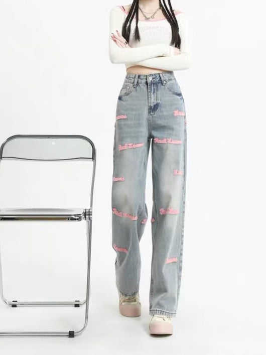 Jeans Rectos con Bordado de Letras Europeas - Image 4