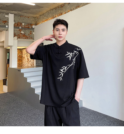 Camisa de Manga Corta con Bordado de Hojas de Bambú para Hombre - Image 16