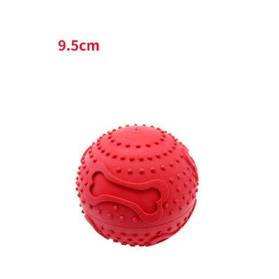 Red rubber pet leaking toy ball with bone patterns and textured nubs, measuring 9.5cm, on a white background. - Image 8