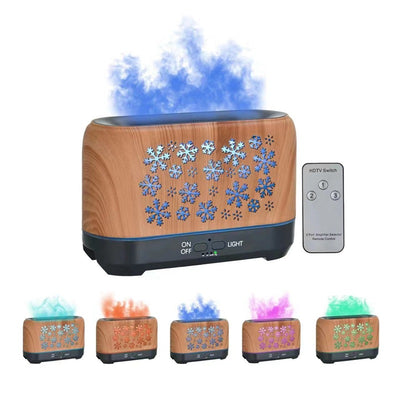 Wood grain humidifier with snowflake pattern, emitting blue flame-like mist, shown with remote control and other color options.