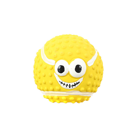 Yellow textured latex pet ball with a cartoon face, designed as a sounding dog toy for teeth cleaning. - Image 3