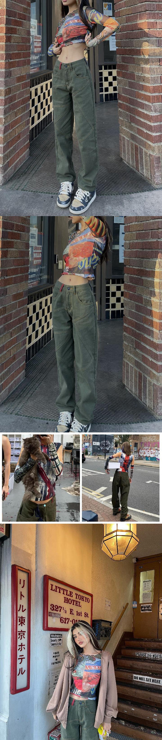 Jeans Verde Oliva Rectos Corte Alto Estilo Urbano - Image 7