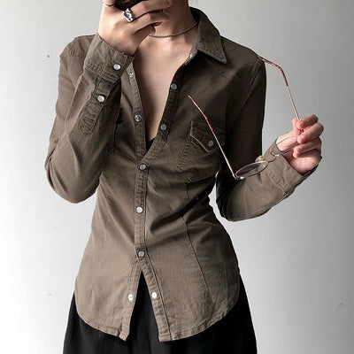 Camisa Denim Slim Fit con Solapa Plisada para Mujer - Image 2
