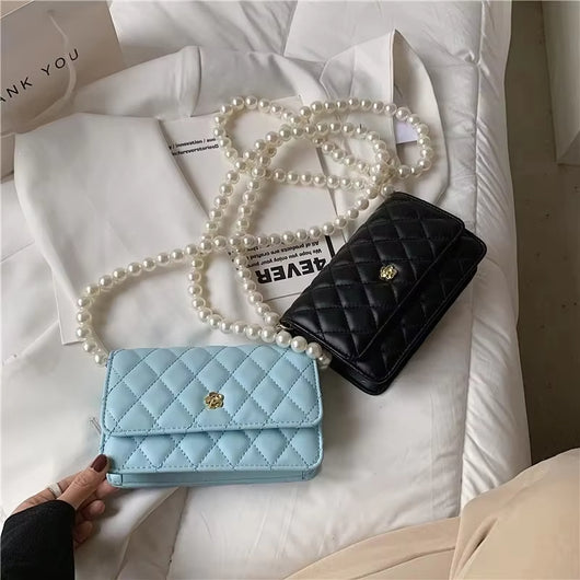 Bolso Bandolera Mujer con Cadena de Perlas y Cuadrícula de Diamantes - Image 12
