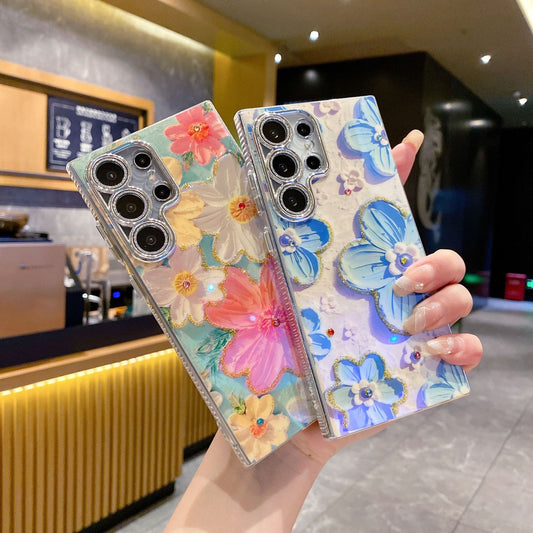 Funda para Celular con Diseño Floral de Diamantes y Protección de Lente