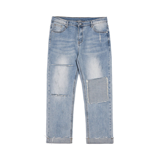 Jeans Rotos Holgados de Corte Europeo Americano en Colores Sólidos