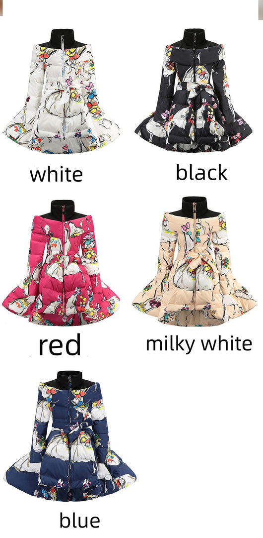 Abrigo Infantil de Plumón Europeo con Diseño Estampado y Lazo en la Cintura - Image 12