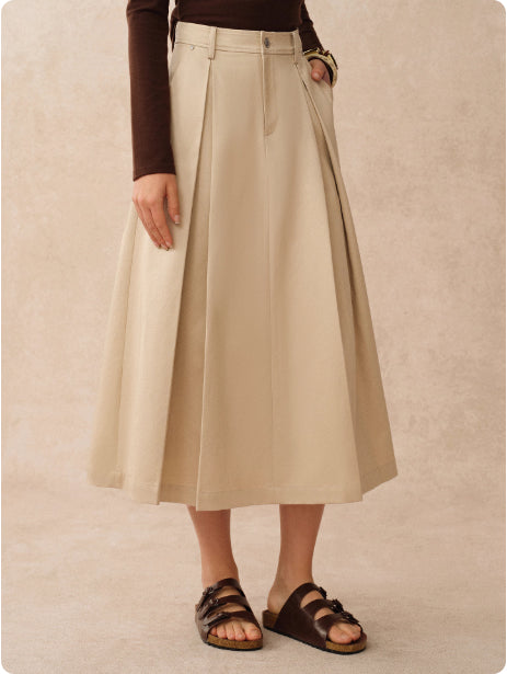 Falda Plisada de Algodón Tencel Caqui con Detalle de Herraje - Image 6