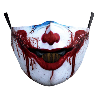 Digital printing dust mask with a funny ghost face and clown design, featuring a sugar skull pattern in red, yellow, and brown. - Image 18