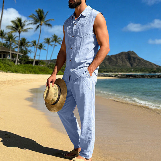 Conjunto de Lino Holgado para Hombre: Camisa sin Mangas y Pantalón Recto - Image 35