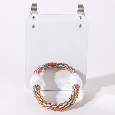 Parrot toy with a rectangular acrylic mirror and a colorful braided rope perch, designed to hang in a birdcage. - Image 3