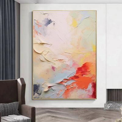 Pintura Abstracta Moderna Hecha a Mano - Lienzo Decorativo Coral Rojo Blanco Amarillo