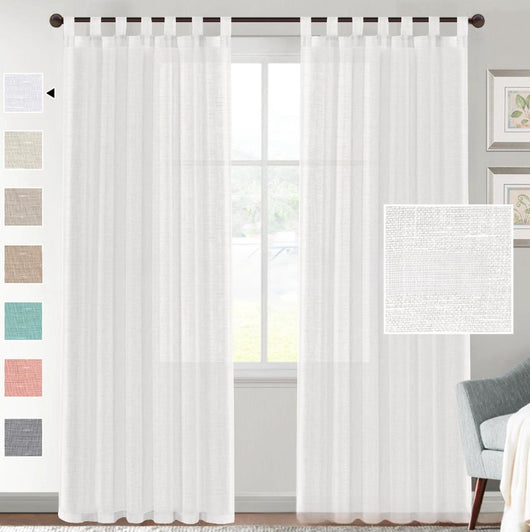 Light beige linen-look tab top curtains hanging on a dark rod, with a fabric swatch and color options. - Image 6