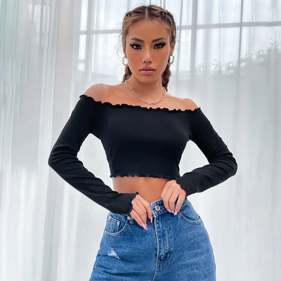 Blusa Crop Hombro Descubierto de Punto Manga Larga para Mujer - Image 12