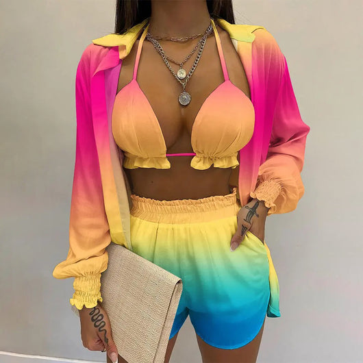 Women's three-piece beachwear set with neon yellow bikini top, floral print long-sleeve shirt, and matching shorts. - Image 10