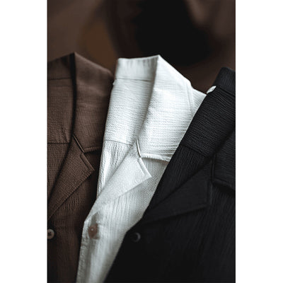 Camisa Retro Seersucker de Color Sólido con Cuello Cubano Británico - Image 5
