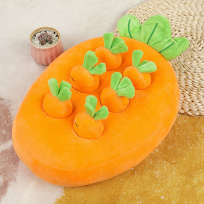 Orange plush carrot-shaped pet toy with four smaller removable carrots, featuring green tops and embroidered sleepy eyes. - Image 19