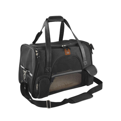 Light grey pet carrier with brown faux leather trim, mesh windows, top handles, and an adjustable shoulder strap. - Image 10