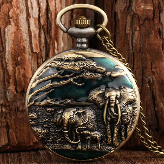 Reloj de Bolsillo Retro Abatible con Patrón de Elefante y Movimiento de Cuarzo