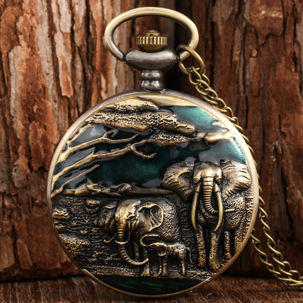 Reloj de Bolsillo Retro Abatible con Patrón de Elefante y Movimiento de Cuarzo