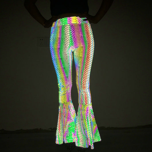 Pantalones Acampanados Reflectantes de Cintura Alta para Mujer