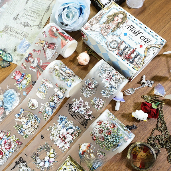 Alice in Wonderland themed 'Half Cut' decorative tape set with various characters, scenes, and floral designs.