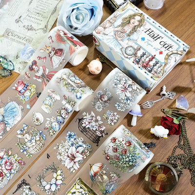 Alice in Wonderland themed 'Half Cut' decorative tape set with various characters, scenes, and floral designs.