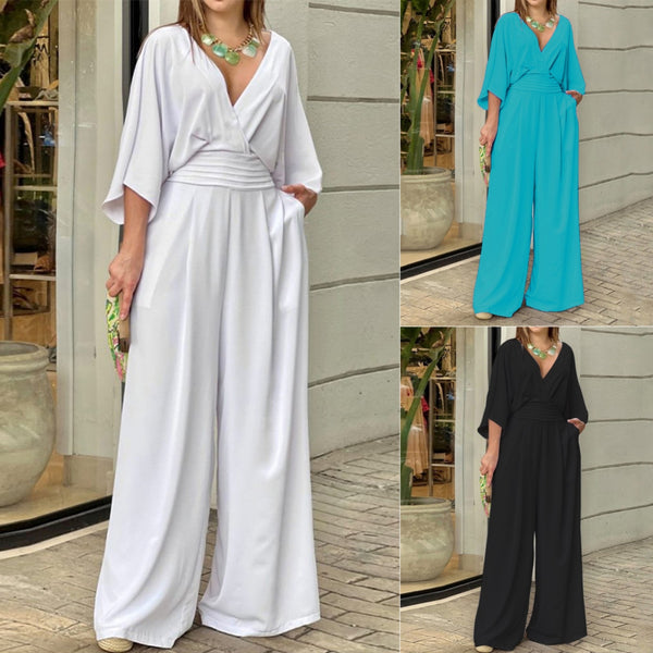 Jumpsuit Elegante de Cuello V y Manga Corta para Mujer