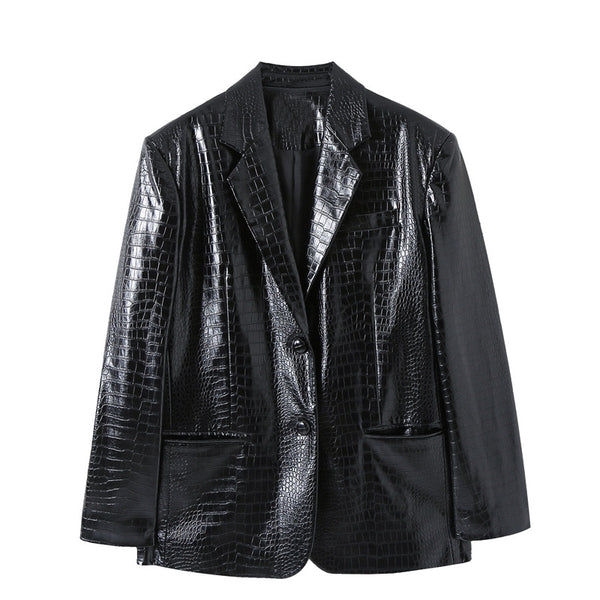 Blazer de Cuero con Patrón Otoñal para Mujer - Corte Holgado