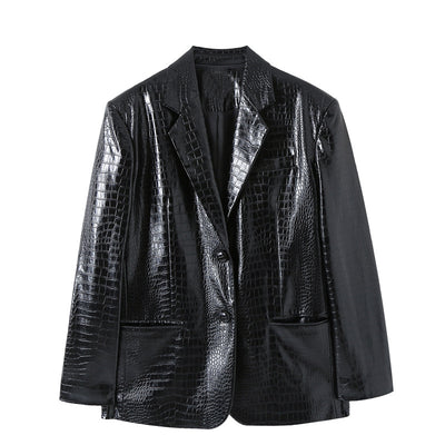 Blazer de Cuero con Patrón Otoñal para Mujer - Corte Holgado