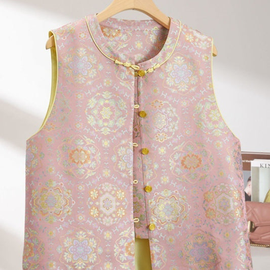 Chaleco Primavera Estilo Chino con Diseño de Peonía en Brocado