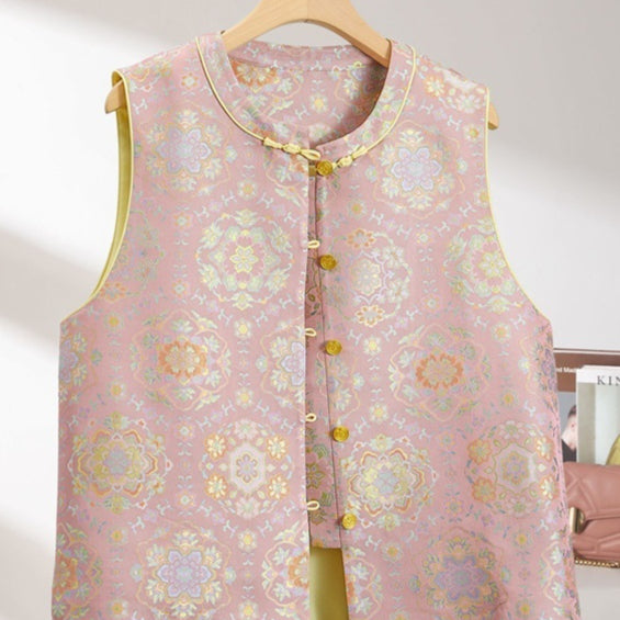 Chaleco Primavera Estilo Chino con Diseño de Peonía en Brocado