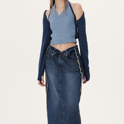 Conjunto de Dos Piezas: Cardigan Corto y Suéter Tejido de Manga Larga