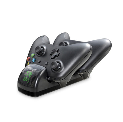 Black dual charging dock for Xbox One wireless controllers with an LED display, shown with two black controllers. - Image 3