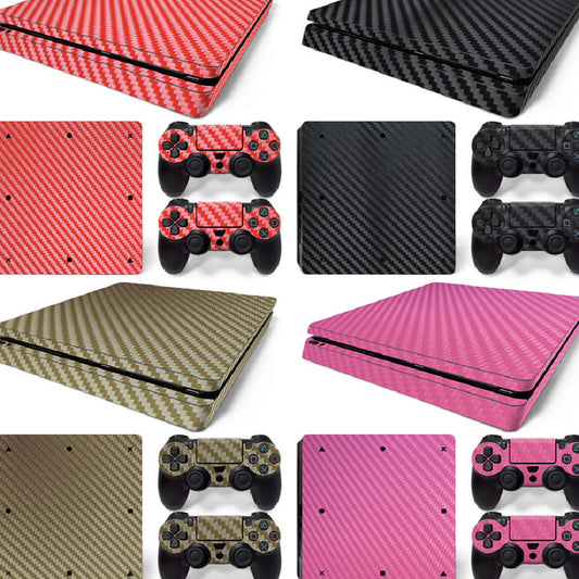 Pink carbon fiber patterned stickers for a PS4 Slim console and two controllers, showing a woven texture.