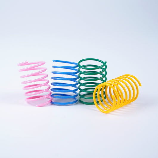 Four colorful plastic spring cat toys in blue, green, yellow, and pink on a white background. - Image 4