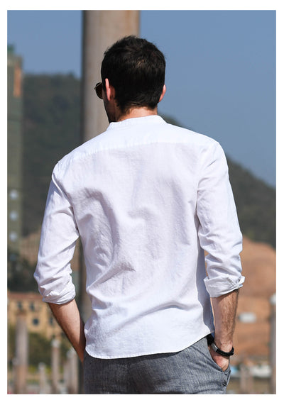 Camisa Casual de Lino y Algodón con Cuello Mao para Hombre - Image 19