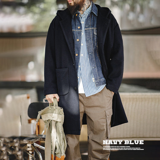 Abrigo de Lana Estilo Universitario Retro con Capucha para Hombre - Image 3