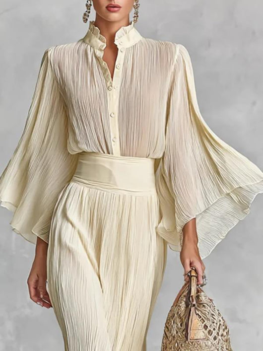 Conjunto Dos Piezas: Blusa Plisada con Mangas Anchas y Falda Maxi - Image 10