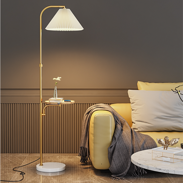 Lámpara de Pie para Sala con Pantalla Plisada y Base de Madera Maciza