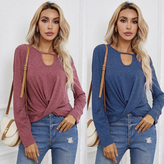 Remera Suelta de Cuello Redondo Manga Larga Color Liso para Mujer