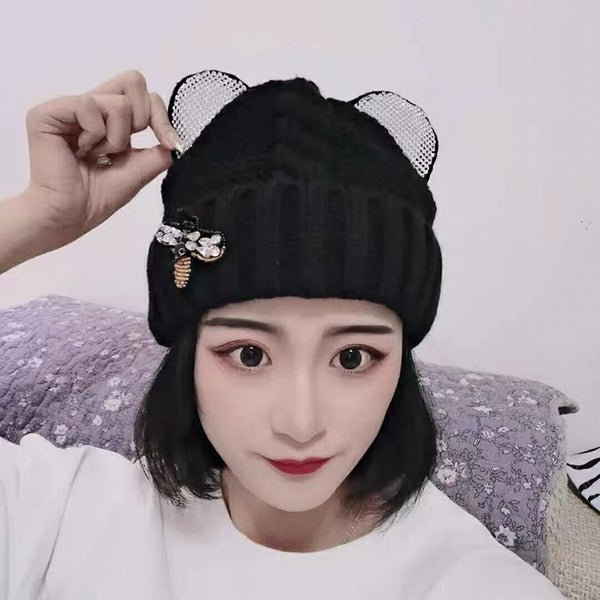 Gorro de Punto con Orejas de Gato y Brillantes