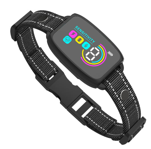Smart automatic anti-barking dog collar with digital display, portable pet water bottle with food compartment, and a rectangular pet bed. - Image 31