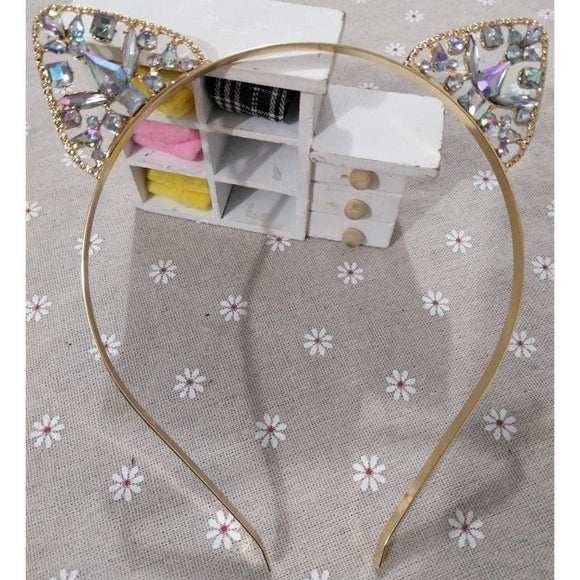 Diadema de Aleación con Orejas de Gato y Cristales Incrustados